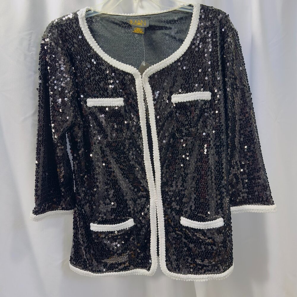 NWT Iman Black Sequin Jacket w White Trim Size L 4 Pockets - Picture 2 of 16